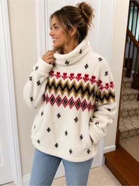 Loft Cozy Isle Sherpa Pullover Turtleneck Sweater Fair Isle Pattern XL